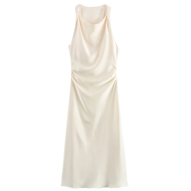 Vestido Cetim Plissado lateral Elegante