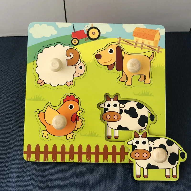 Brinquedos do bebê montessori quebra-cabeças de madeira crianças brinquedos mão grab board animais cognição aprendizagem educacional brinquedos para crianças 1-3 anos