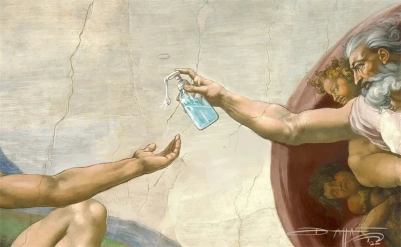 Pôster Mão Retrô de Deus e Adão Engraçado Pintura em Tela Cartaz Para Banheiro
