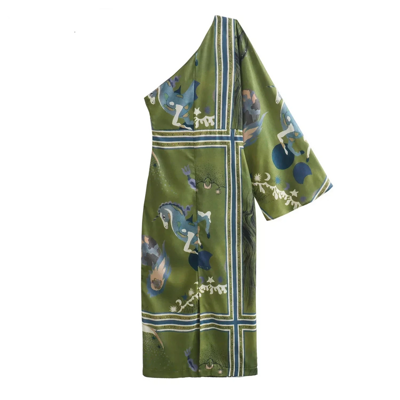 Vestido Assimétrico  Manga Lateral Floral Musgo