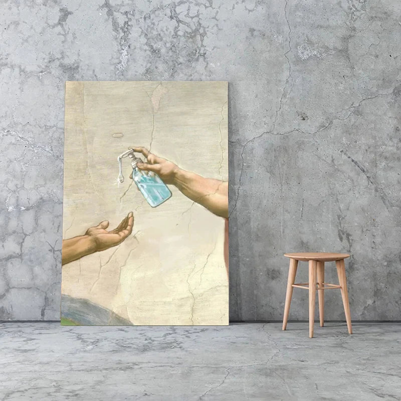 Pôster Mão Retrô de Deus e Adão Engraçado Pintura em Tela Cartaz Para Banheiro