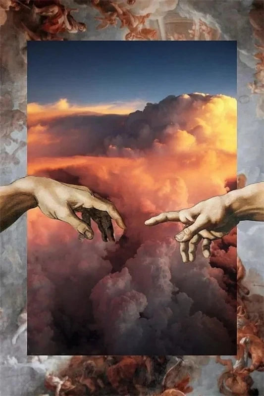 Pôster Mão Retrô de Deus e Adão Engraçado Pintura em Tela Cartaz Para Banheiro