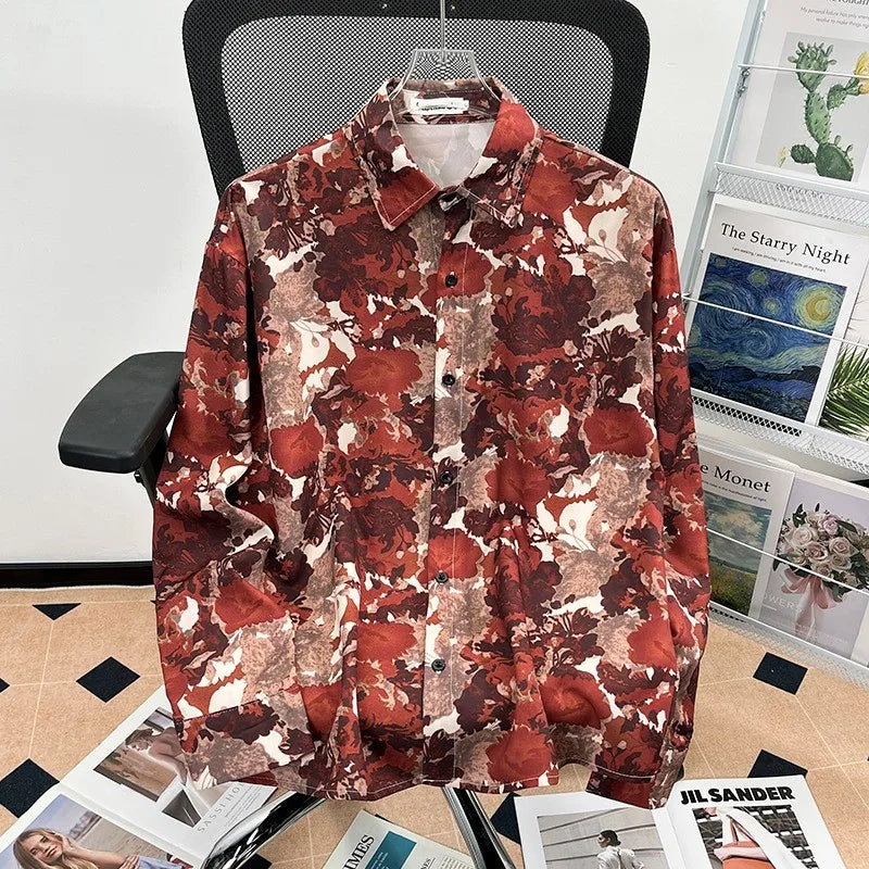 Camisa japonesa Retrô com Flores e Pintura a Óleo
