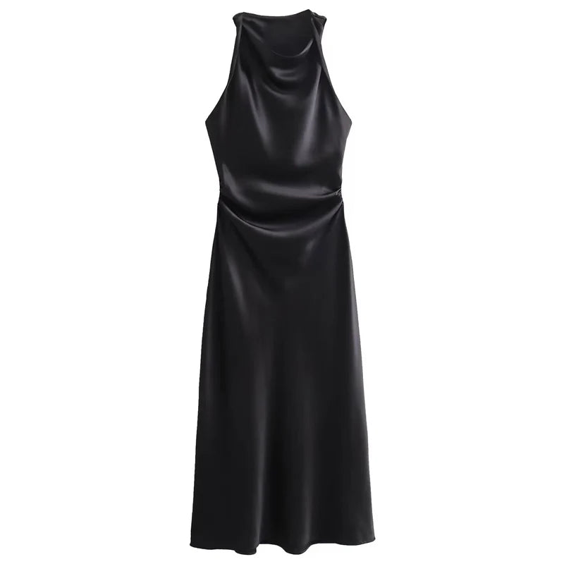 Vestido Cetim Plissado lateral Elegante