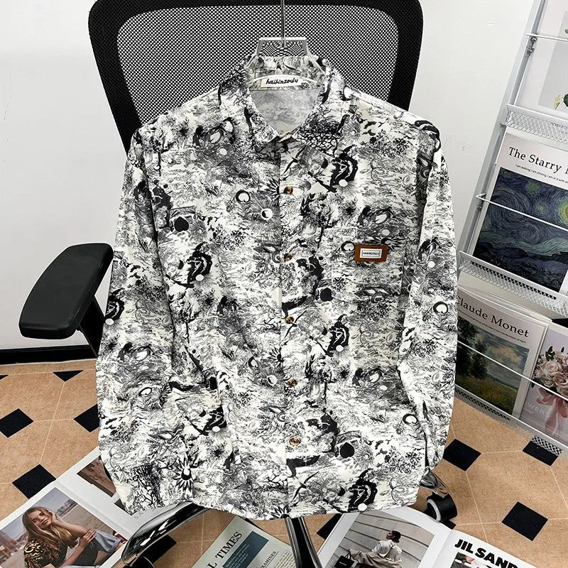 Camisa japonesa Retrô com Flores e Pintura a Óleo