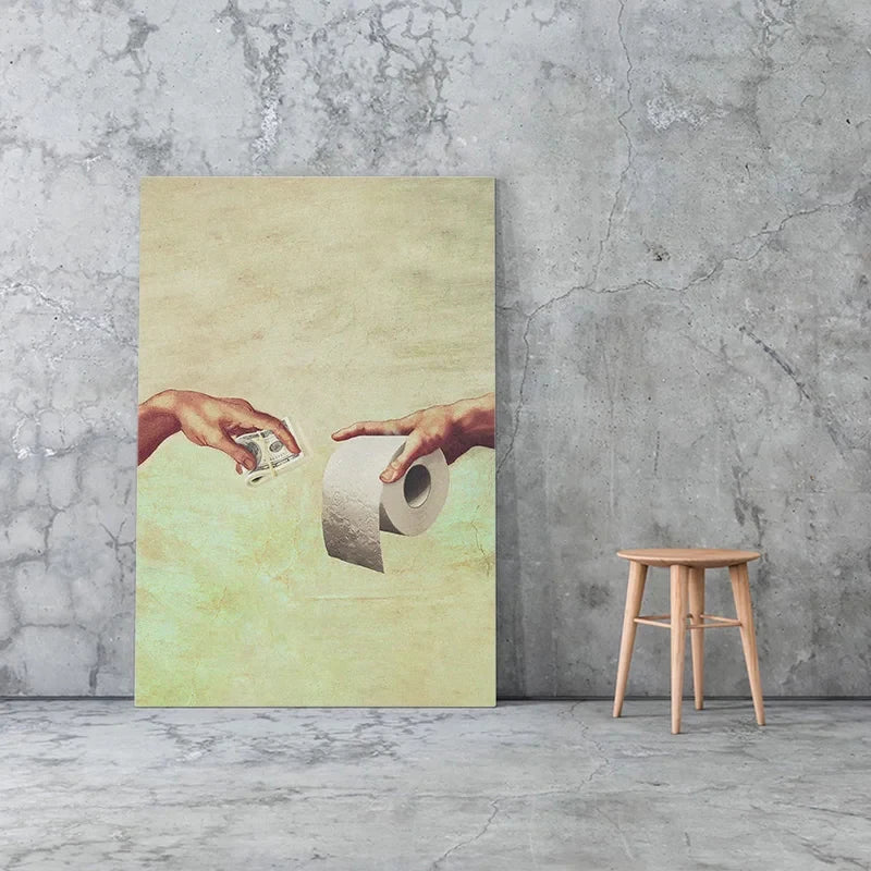 Pôster Mão Retrô de Deus e Adão Engraçado Pintura em Tela Cartaz Para Banheiro