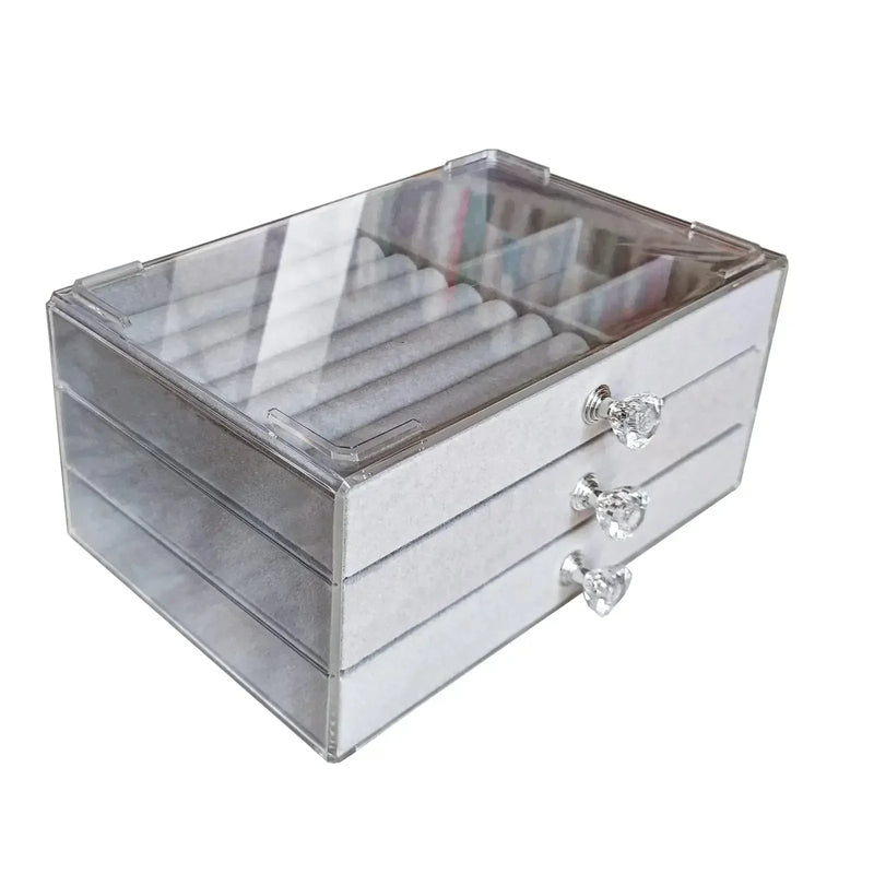 Organizador de joias de veludo acrílico com 3 gavetas, armazenamento empilhável, brincos, colar, pulseiras, caixa de suporte para mulheres
