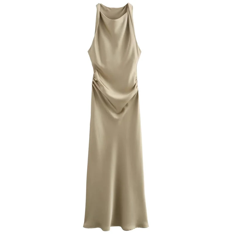 Vestido Cetim Plissado lateral Elegante