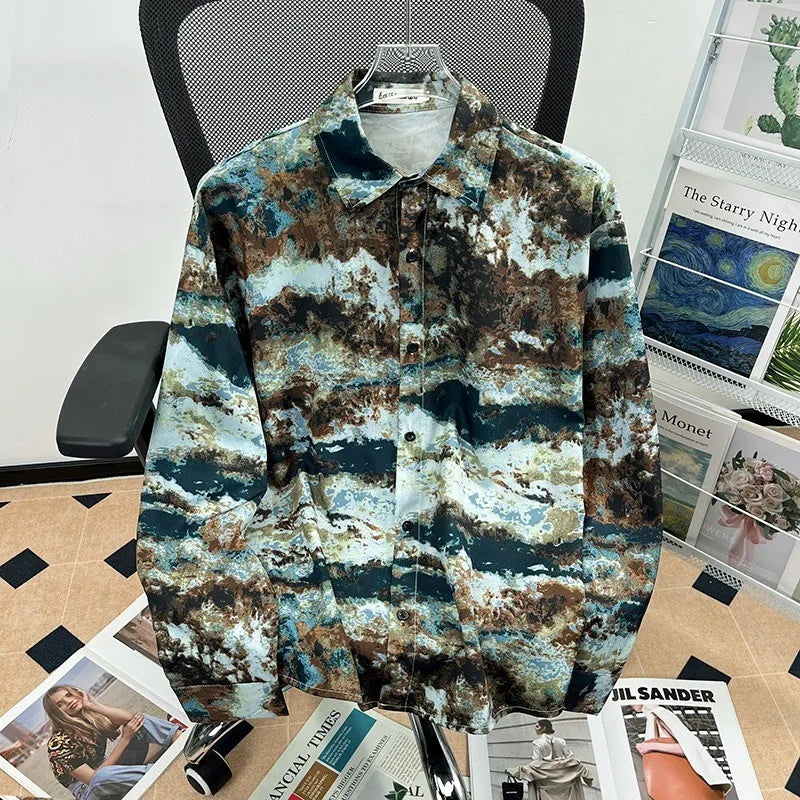 Camisa japonesa Retrô com Flores e Pintura a Óleo