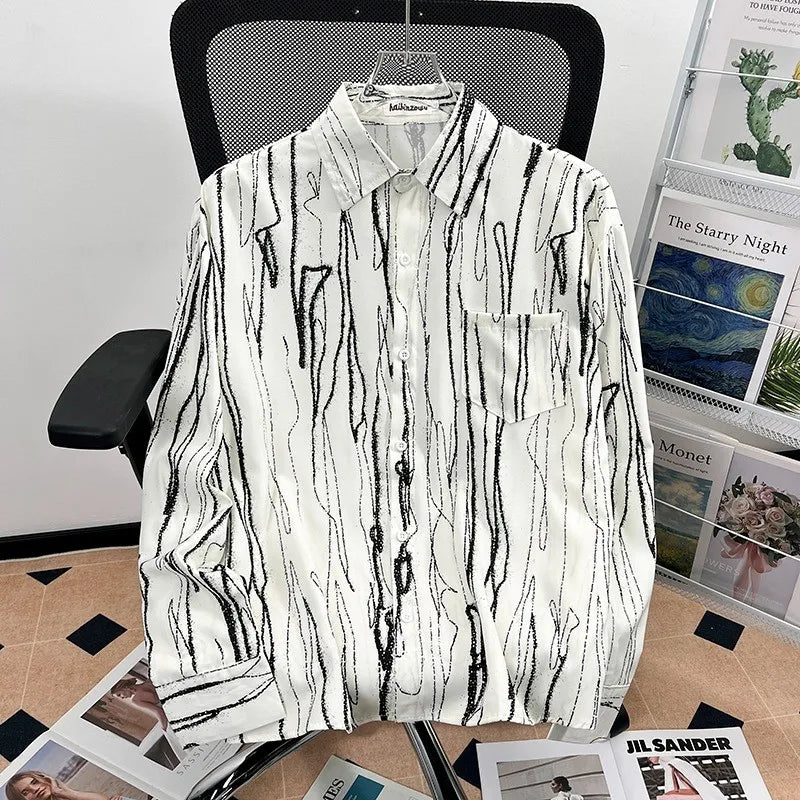 Camisa japonesa Retrô com Flores e Pintura a Óleo