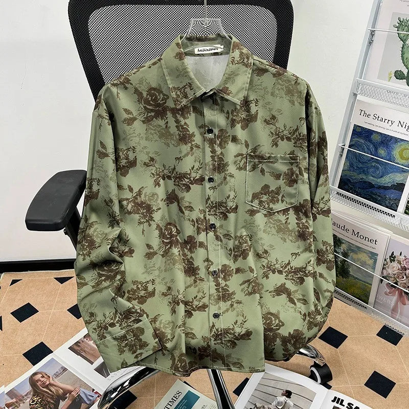 Camisa japonesa Retrô com Flores e Pintura a Óleo