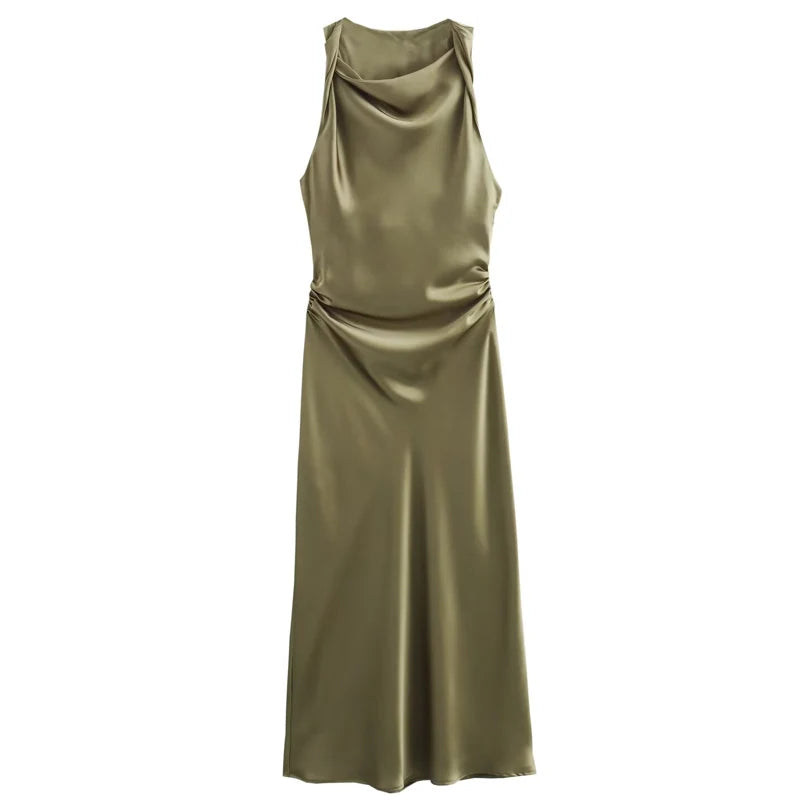 Vestido Cetim Plissado lateral Elegante
