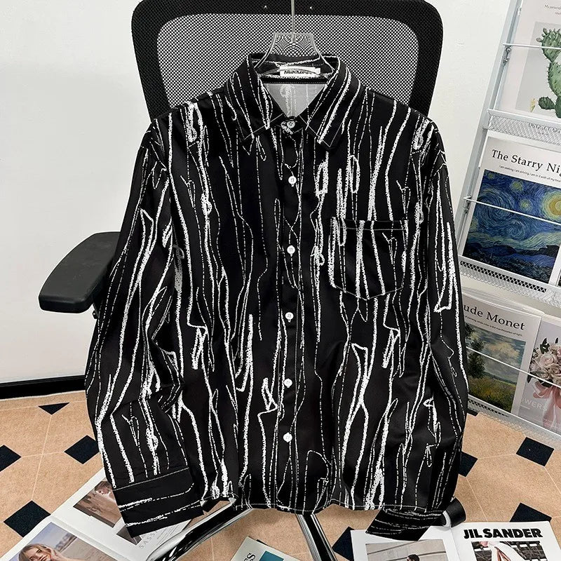 Camisa japonesa Retrô com Flores e Pintura a Óleo