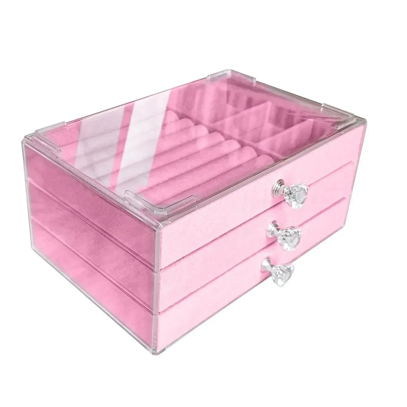 Organizador de joias de veludo acrílico com 3 gavetas, armazenamento empilhável, brincos, colar, pulseiras, caixa de suporte para mulheres