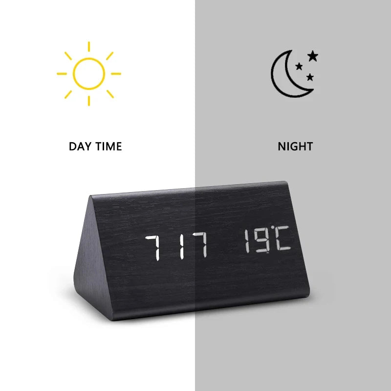 Relógio  Digital Led Alarme Wooden Decor