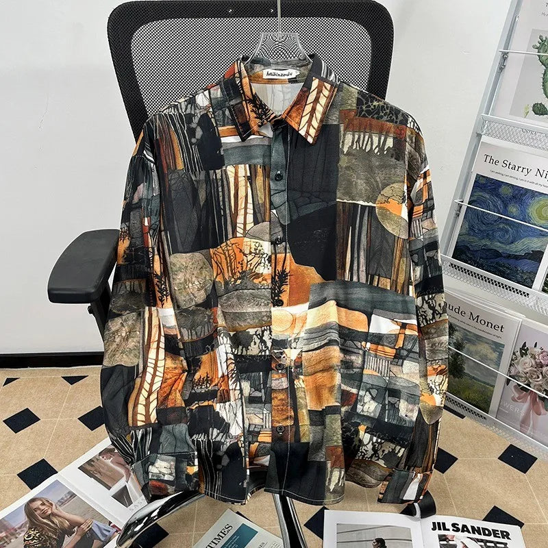Camisa japonesa Retrô com Flores e Pintura a Óleo