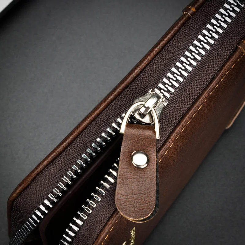 Carteira Masculina de Couro com Zíper Estilo Retro