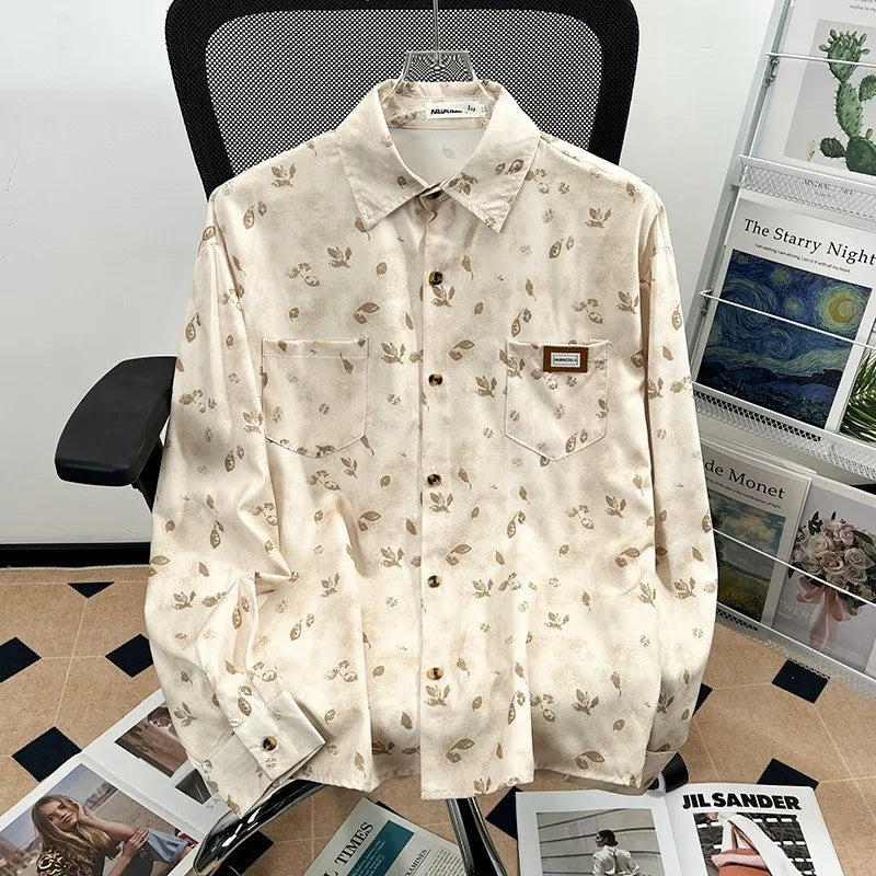 Camisa japonesa Retrô com Flores e Pintura a Óleo