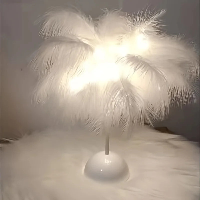 Abajur de Mesa LED Luz Branca Quente Árvore Pena