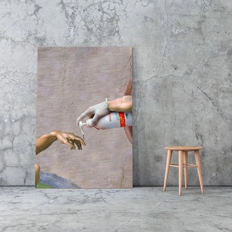 Pôster Mão Retrô de Deus e Adão Engraçado Pintura em Tela Cartaz Para Banheiro
