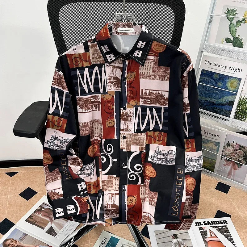 Camisa japonesa Retrô com Flores e Pintura a Óleo