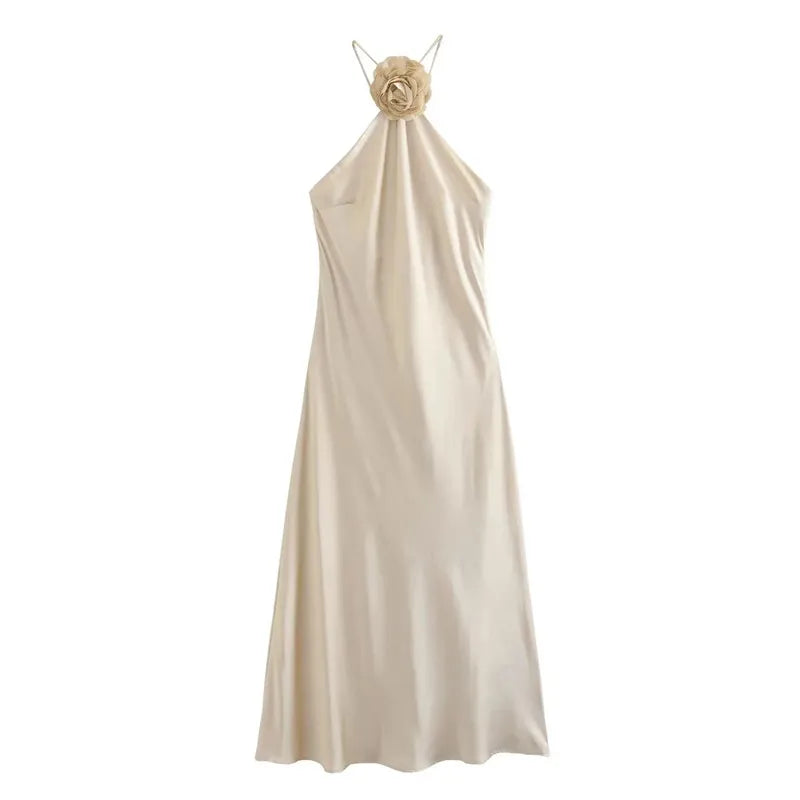 Vestido Cetim Branco Leve Flor