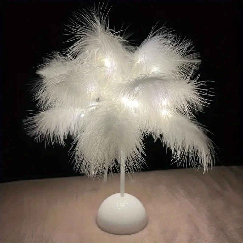 Abajur de Mesa LED Luz Branca Quente Árvore Pena