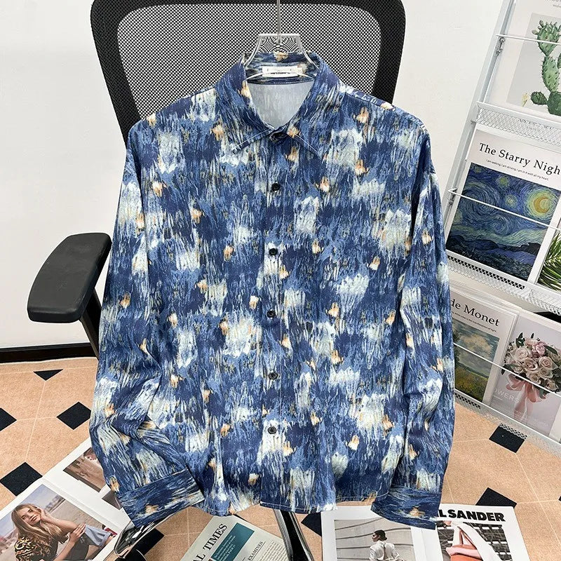 Camisa japonesa Retrô com Flores e Pintura a Óleo