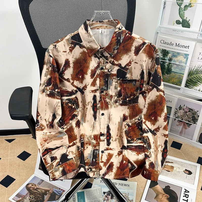 Camisa japonesa Retrô com Flores e Pintura a Óleo