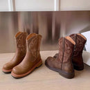 Botas de Cowboy Femininas Bordadas Perna Pequena Cabeça Redonda