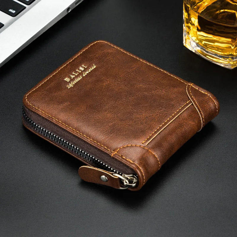 Carteira Masculina de Couro com Zíper Estilo Retro