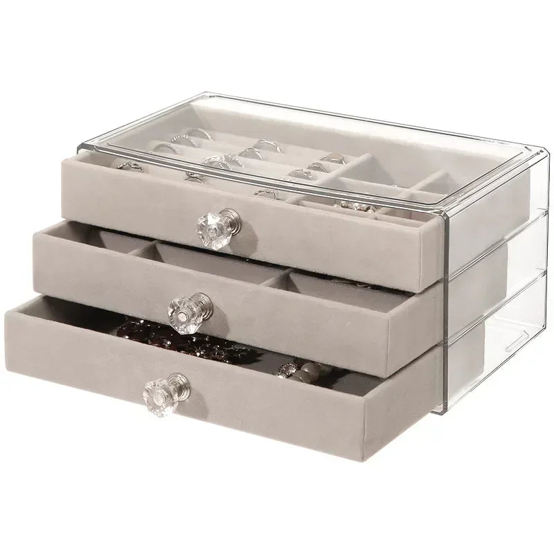 Organizador de joias de veludo acrílico com 3 gavetas, armazenamento empilhável, brincos, colar, pulseiras, caixa de suporte para mulheres