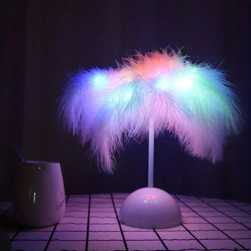Abajur de Mesa LED Luz Branca Quente Árvore Pena