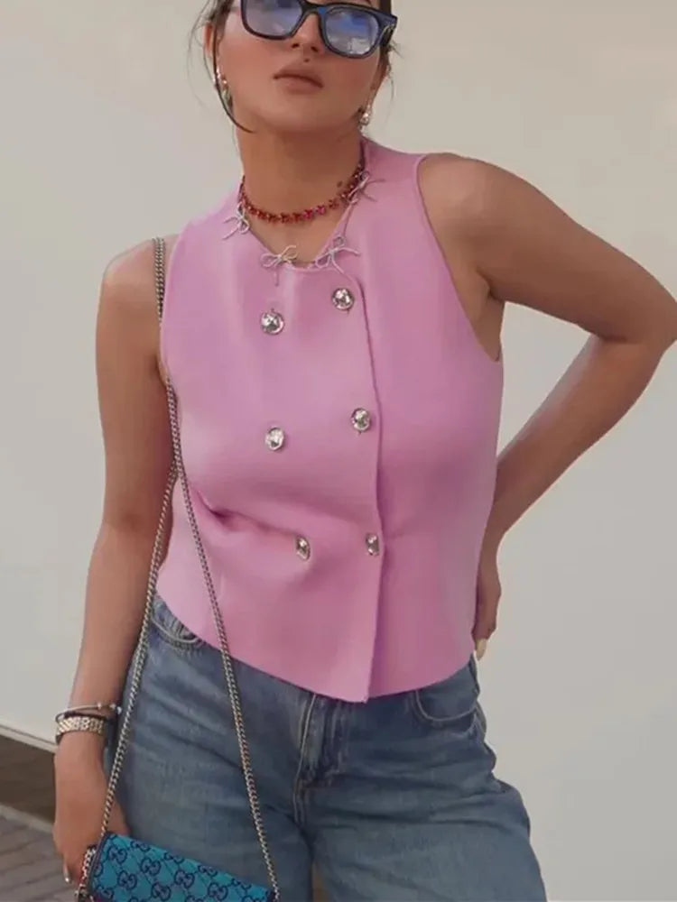 Blusa de Malha Colete Rosa sem Manga