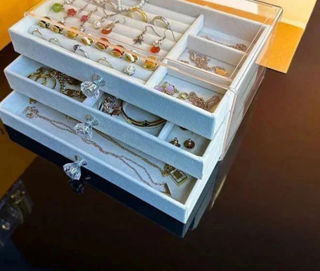 Organizador de joias de veludo acrílico com 3 gavetas, armazenamento empilhável, brincos, colar, pulseiras, caixa de suporte para mulheres