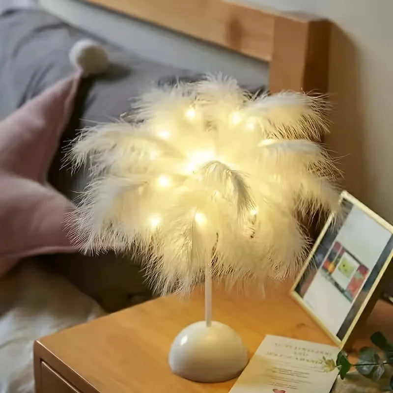 Abajur de Mesa LED Luz Branca Quente Árvore Pena