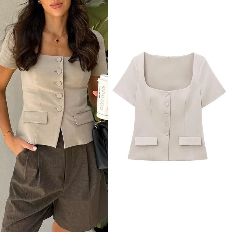 Blusa Colete Caqui Elegante Verão