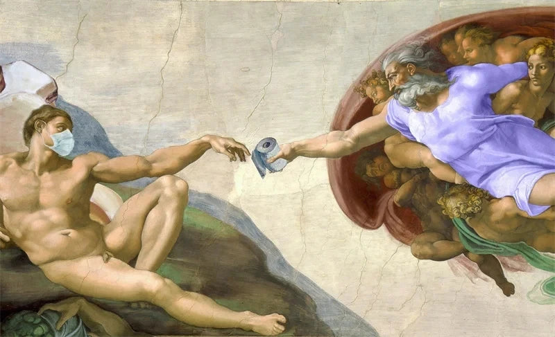 Pôster Mão Retrô de Deus e Adão Engraçado Pintura em Tela Cartaz Para Banheiro
