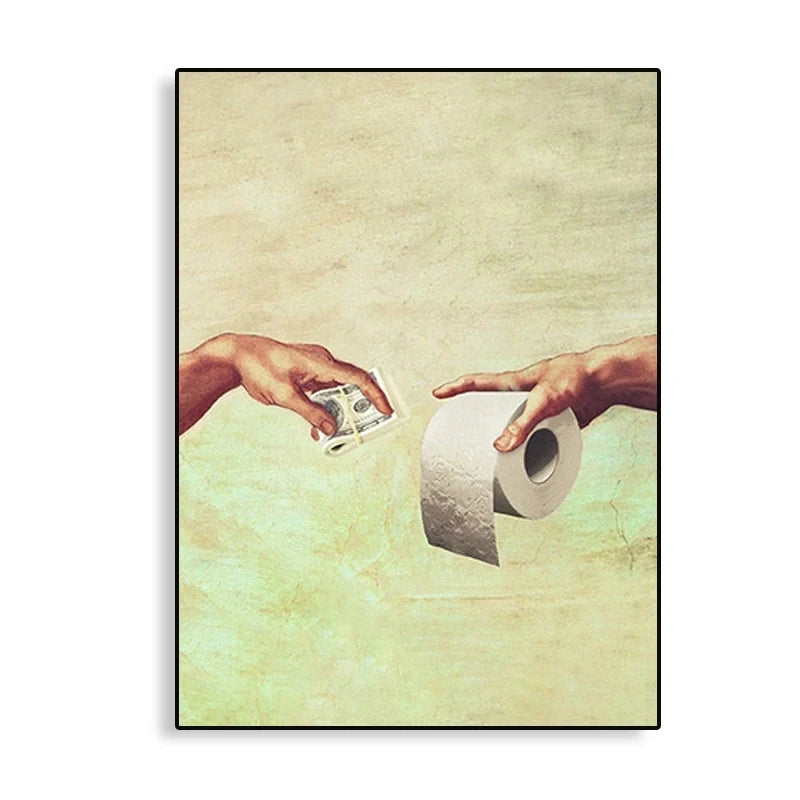 Pôster Mão Retrô de Deus e Adão Engraçado Pintura em Tela Cartaz Para Banheiro
