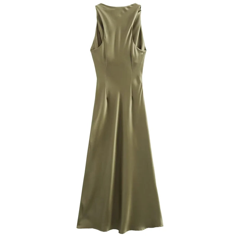 Vestido Cetim Plissado lateral Elegante