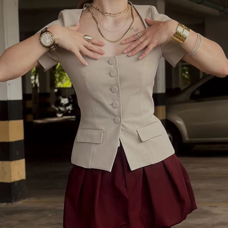 Blusa Colete Caqui Elegante Verão