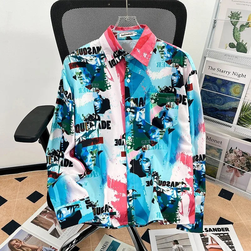 Camisa japonesa Retrô com Flores e Pintura a Óleo