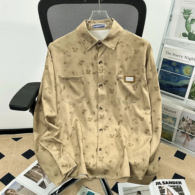 Camisa japonesa Retrô com Flores e Pintura a Óleo