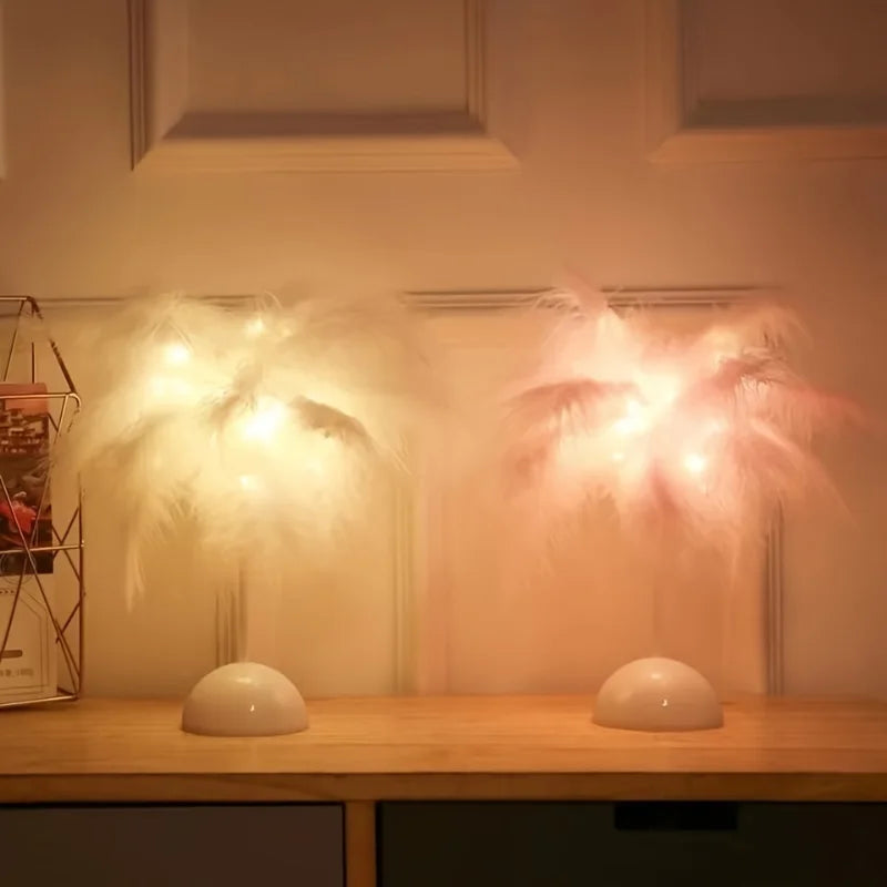 Abajur de Mesa LED Luz Branca Quente Árvore Pena