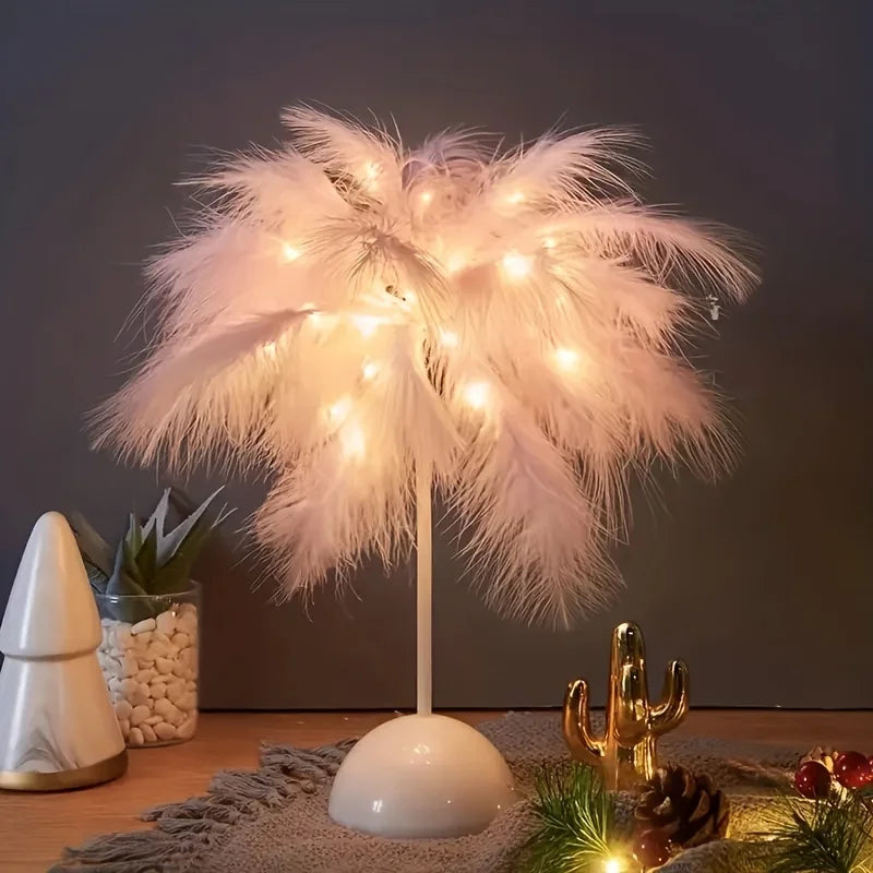 Abajur de Mesa LED Luz Branca Quente Árvore Pena