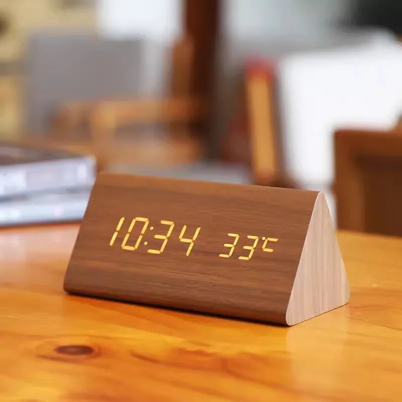 Relógio  Digital Led Alarme Wooden Decor