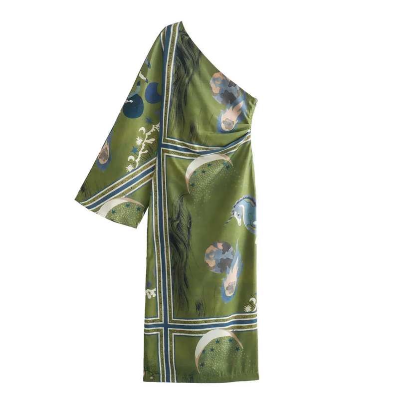 Vestido Assimétrico  Manga Lateral Floral Musgo