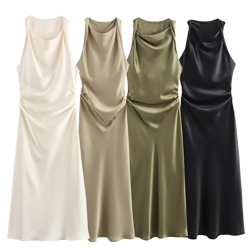 Vestido Cetim Plissado lateral Elegante