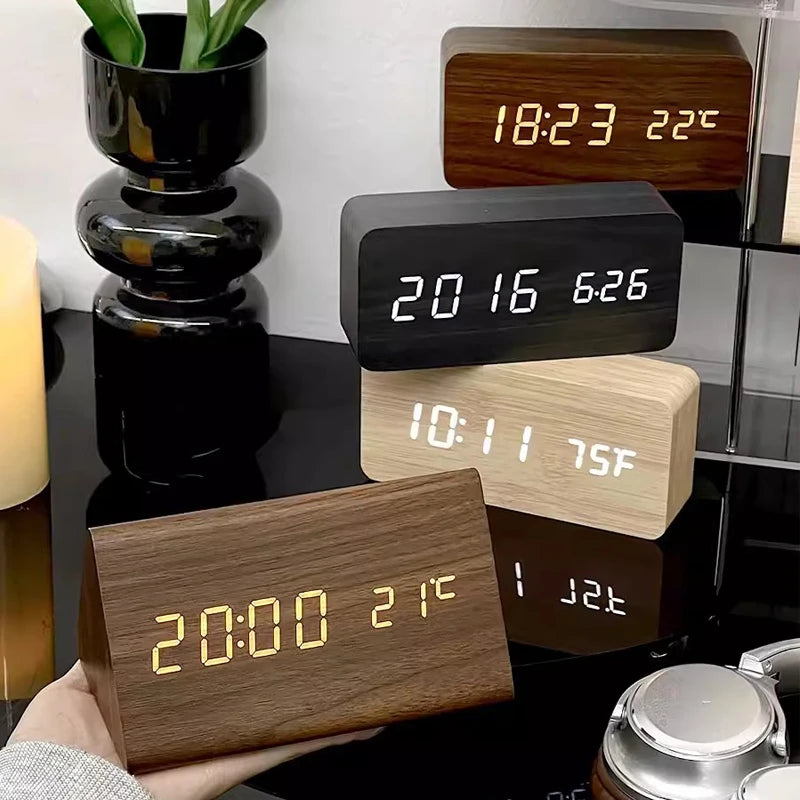 Relógio  Digital Led Alarme Wooden Decor