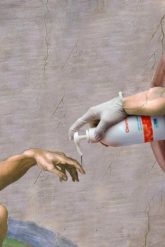 Pôster Mão Retrô de Deus e Adão Engraçado Pintura em Tela Cartaz Para Banheiro